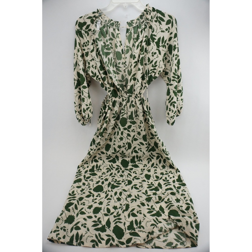 Lush Floral Print Maxi Dress Cream Green Long Sleeve‎ Elastic Waist S